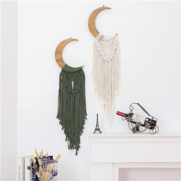 Macrame Wall Hanging Boho Moon Decor, Bohemian Crescent Wooden Ornament - Picture 4 of 7